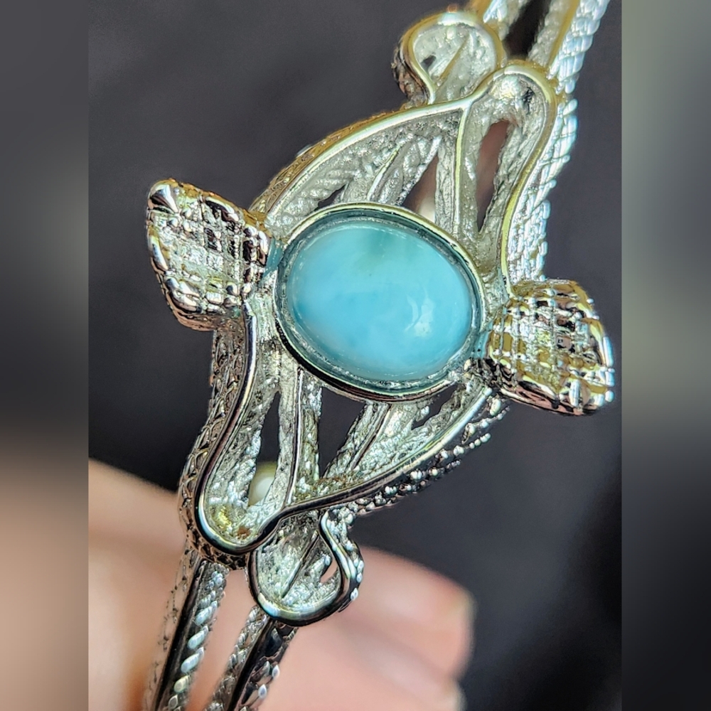 Genuine Larimar Snake Bangle. Adjustable Silver Bracelet. - Picture 6 of 8